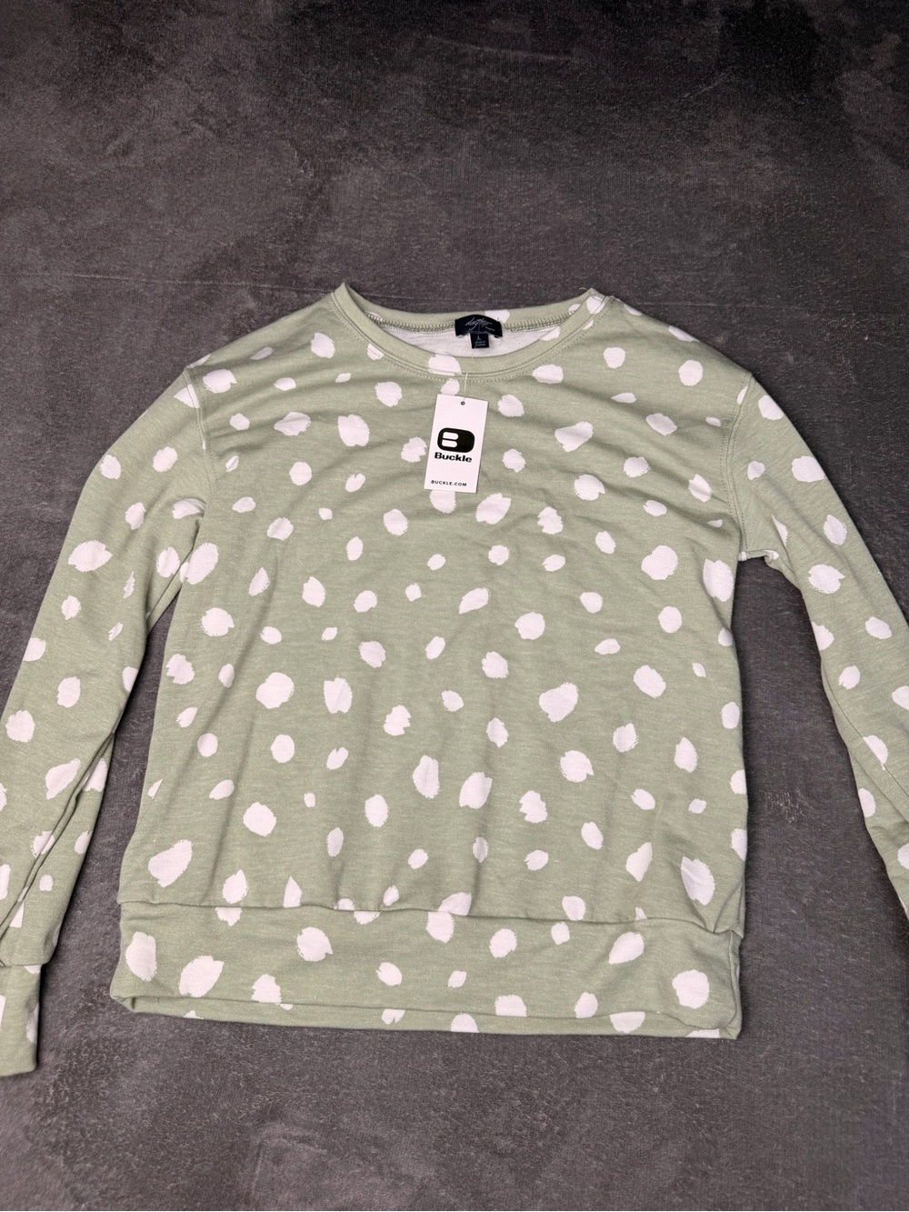 Buckle Sage Green Crewneck Sweater with White Spot Print